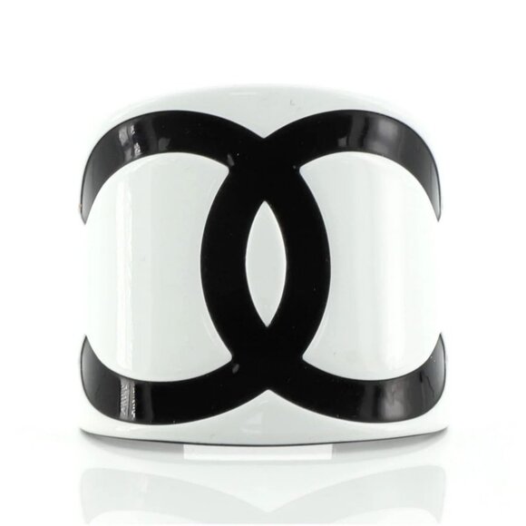 Authentic CHANEL CC Cuff Logo 05V Vintage Bracelet Bangle Black White Wide - Picture 5 of 8